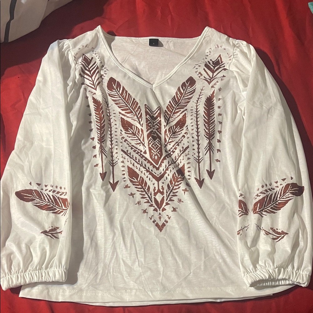 Women's White and Brown Feather Print Top